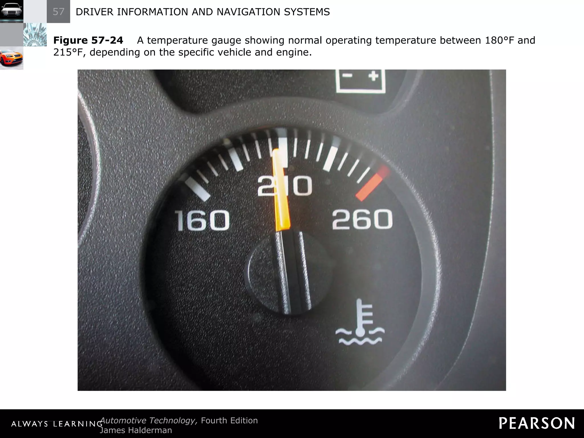 Figure 57-24   A temperature gauge showing normal operating temperature between 180°F and 215°F, depending on the specific vehicle and engine. 