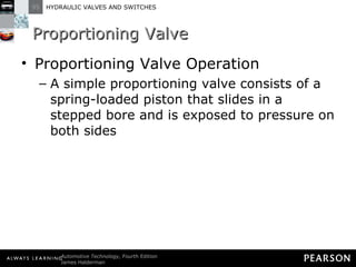 Proportioning Valve Proportioning Valve Operation A simple proportioning valve consists of a spring-loaded piston that slides in a stepped bore and is exposed to pressure on both sides 