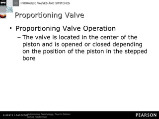 Proportioning Valve Proportioning Valve Operation The valve is located in the center of the piston and is opened or closed depending on the position of the piston in the stepped bore 