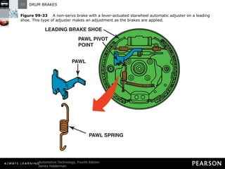 Figure 99-33   A non-servo brake with a lever-actuated starwheel automatic adjuster on a leading shoe. This type of adjuster makes an adjustment as the brakes are applied. 