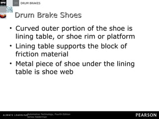 Drum Brake Shoes Curved outer portion of the shoe is lining table, or shoe rim or platform Lining table supports the block of friction material Metal piece of shoe under the lining table is shoe web 