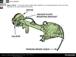Figure 101-9   A rear disc brake caliper often attaches to a mounting bracket on the rear axle housing on this rear-wheel-drive vehicle. 