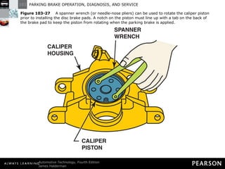Figure 103-27   A spanner wrench (or needle-nose pliers) can be used to rotate the caliper piston prior to installing the disc brake pads. A notch on the piston must line up with a tab on the back of the brake pad to keep the piston from rotating when the parking brake is applied. 