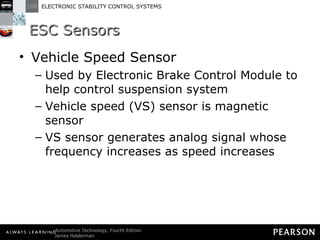 ESC Sensors Vehicle Speed Sensor Used by Electronic Brake Control Module to help control suspension system Vehicle speed (VS) sensor is magnetic sensor VS sensor generates analog signal whose frequency increases as speed increases 