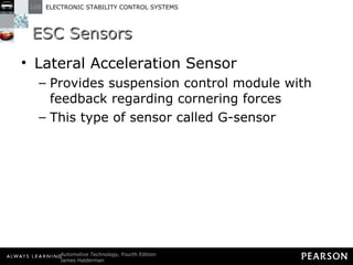 ESC Sensors Lateral Acceleration Sensor Provides suspension control module with feedback regarding cornering forces This type of sensor called G-sensor 