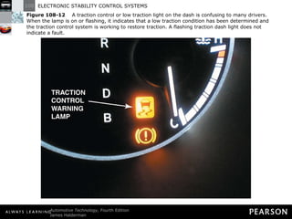 Figure 108-12   A traction control or low traction light on the dash is confusing to many drivers. When the lamp is on or flashing, it indicates that a low traction condition has been determined and the traction control system is working to restore traction. A flashing traction dash light does not indicate a fault. 