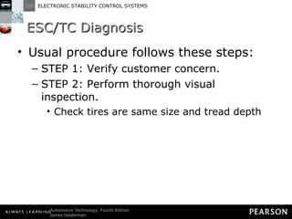 ESC/TC Diagnosis Usual procedure follows these steps: STEP 1: Verify customer concern. STEP 2: Perform thorough visual inspection. Check tires are same size and tread depth 