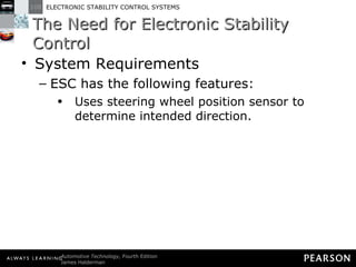 The Need for Electronic Stability Control System Requirements ESC has the following features: Uses steering wheel position sensor to determine intended direction. 