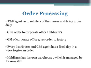 • C&F agent go to retailers of their areas and bring order
daily
• Give order to corporate office Haldiram’s
• GM of corporate office gives order to factory
• Every distributer and C&F agent has a fixed day in a
week to give an order
• Haldirm’s has it’s own warehouse , which is managed by
it’s own staff
 