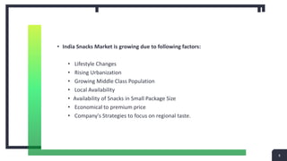 • India Snacks Market is growing due to following factors:
• Lifestyle Changes
• Rising Urbanization
• Growing Middle Class Population
• Local Availability
• Availability of Snacks in Small Package Size
• Economical to premium price
• Company's Strategies to focus on regional taste.
8
 