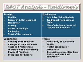 Strength  Quality Research & Development Manpower Pricing Latest technology Packaging Trust of the consumer Weaknesses Low Advertising Budget. Traditional Management Style. Manufacturing process not completely automatic. Opportunity  Growing Food Industry. Changes in the Consumers Taste and Preferences. Increase in the Purchasing Power of Families. Prospects  for Exports. Threat  Availability of substitute goods. Health conscious or awareness.  Increasing competition from Indian and MNC food companies.  