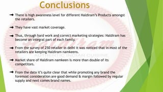 There is high awareness level for different Haldiram’s Products amongst
the retailers.
They have vast market coverage.
Thus, through hard work and correct marketing strategies: Haldiram has
become an integral part of each family.
From the survey of 250 retailer in delhi it was noticed that in most of the
retailers are keeping Haldiram namkeens.
Market share of Haldiram namkeen is more than double of its
competitors.
From the data it’s quite clear that while promoting any brand the
foremost consideration are good demand & margin followed by regular
supply and next comes brand names.
 