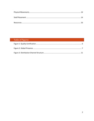 Physical Movements ............................................................................................................... 14 
Shelf Placement ...................................................................................................................... 14 
Resources ................................................................................................................................ 16 
Table of Figures 
Figure 1: Quality Certification ................................................................................................... 6 
Figure 2: Global Presence ......................................................................................................... 7 
Figure 3: Distribution Channel Structure ................................................................................ 11 
2 
 