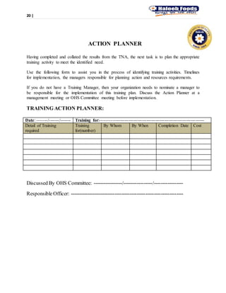 20 |
ACTION PLANNER
Having completed and collated the results from the TNA, the next task is to plan the appropriate
training activity to meet the identified need.
Use the following form to assist you in the process of identifying training activities. Timelines
for implementation, the managers responsible for planning action and resources requirements.
If you do not have a Training Manager, then your organization needs to nominate a manager to
be responsible for the implementation of this training plan. Discuss the Action Planner at a
management meeting or OHS Committee meeting before implementation.
TRAINING ACTION PLANNER:
Date: -------/-------/------- Training for:----------------------------------------------------------------------
Detail of Training
required
Training
for(number)
By Whom By When Completion Date Cost
Discussed By OHS Committee: -----------------/-----------------/-----------------
Responsible Officer: ------------------------------------------------------------------
 
