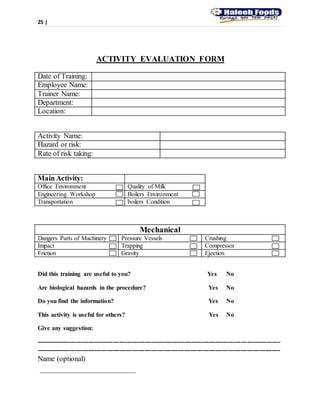 25 |
ACTIVITY EVALUATION FORM
Did this training are useful to you? Yes No
Are biological hazards in the procedure? Yes No
Do you find the information? Yes No
This activity is useful for others? Yes No
Give any suggestion:
---------------------------------------------------------------------------------------------------------------------
---------------------------------------------------------------------------------------------------------------------
Name (optional)
__________________________
Date of Training:
Employee Name:
Trainer Name:
Department:
Location:
Activity Name:
Hazard or risk:
Rate of risk taking:
Main Activity:
Office Environment Quality of Milk
Engineering Workshop Boilers Environment
Transportation boilers Condition
Mechanical
Dangers Parts of Machinery Pressure Vessels Crushing
Impact Trapping Compressor
Friction Gravity Ejection
 