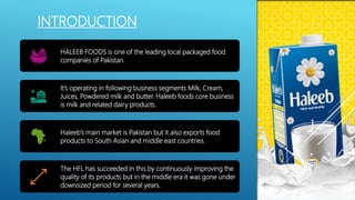 INTRODUCTION
HALEEB FOODS is one of the leading local packaged food
companies of Pakistan.
It’s operating in following business segments Milk, Cream,
Juices, Powdered milk and butter. Haleeb foods core business
is milk and related dairy products.
Haleeb’s main market is Pakistan but it also exports food
products to South Asian and middle east countries.
The HFL has succeeded in this by continuously improving the
quality of its products but in the middle era it was gone under
downsized period for several years.
 