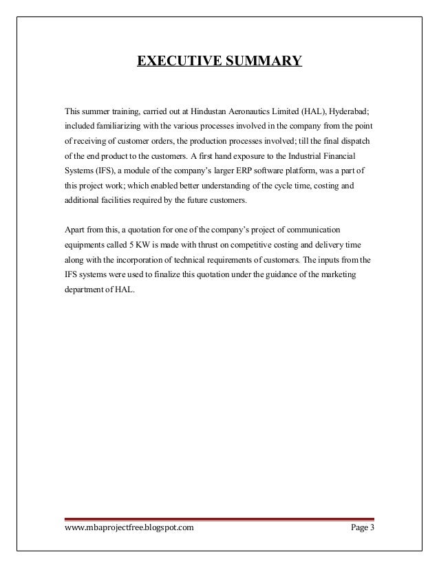 a project report on erp system in hindustan aeronautics limited summe executive summary sample for project report