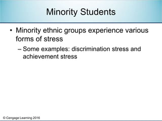 © Cengage Learning 2016
• Minority ethnic groups experience various
forms of stress
– Some examples: discrimination stress and
achievement stress
Minority Students
 