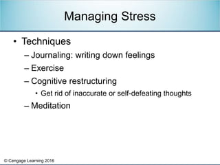 © Cengage Learning 2016
• Techniques
– Journaling: writing down feelings
– Exercise
– Cognitive restructuring
• Get rid of inaccurate or self-defeating thoughts
– Meditation
Managing Stress
 