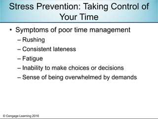 © Cengage Learning 2016
• Symptoms of poor time management
– Rushing
– Consistent lateness
– Fatigue
– Inability to make choices or decisions
– Sense of being overwhelmed by demands
Stress Prevention: Taking Control of
Your Time
 