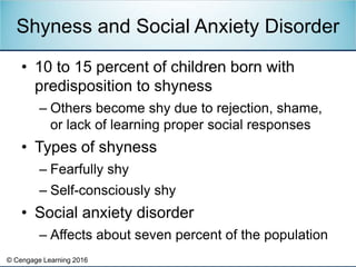 © Cengage Learning 2016
• 10 to 15 percent of children born with
predisposition to shyness
– Others become shy due to rejection, shame,
or lack of learning proper social responses
• Types of shyness
– Fearfully shy
– Self-consciously shy
• Social anxiety disorder
– Affects about seven percent of the population
Shyness and Social Anxiety Disorder
 