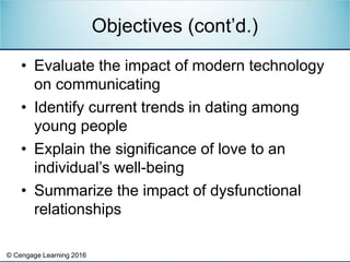 © Cengage Learning 2016
• Evaluate the impact of modern technology
on communicating
• Identify current trends in dating among
young people
• Explain the significance of love to an
individual’s well-being
• Summarize the impact of dysfunctional
relationships
Objectives (cont’d.)
 