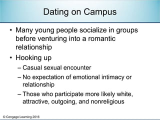 © Cengage Learning 2016
• Many young people socialize in groups
before venturing into a romantic
relationship
• Hooking up...