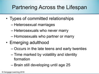 © Cengage Learning 2016
• Types of committed relationships
– Heterosexual marriages
– Heterosexuals who never marry
– Homo...