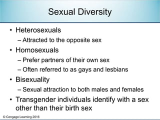 © Cengage Learning 2016
• Heterosexuals
– Attracted to the opposite sex
• Homosexuals
– Prefer partners of their own sex
–...