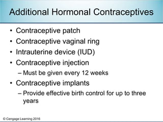 © Cengage Learning 2016
• Contraceptive patch
• Contraceptive vaginal ring
• Intrauterine device (IUD)
• Contraceptive inj...