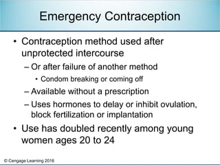 © Cengage Learning 2016
• Contraception method used after
unprotected intercourse
– Or after failure of another method
• C...