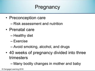 © Cengage Learning 2016
• Preconception care
– Risk assessment and nutrition
• Prenatal care
– Healthy diet
– Exercise
– A...