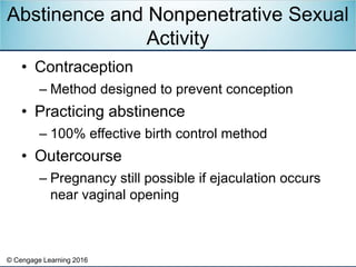 © Cengage Learning 2016
• Contraception
– Method designed to prevent conception
• Practicing abstinence
– 100% effective b...