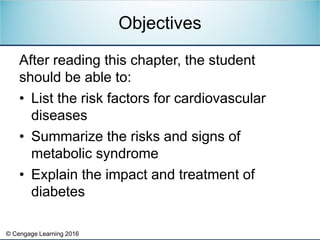 © Cengage Learning 2016
After reading this chapter, the student
should be able to:
• List the risk factors for cardiovascu...