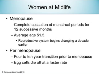 © Cengage Learning 2016
• Menopause
– Complete cessation of menstrual periods for
12 successive months
– Average age 51.5
...