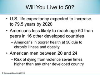 © Cengage Learning 2016
• U.S. life expectancy expected to increase
to 79.5 years by 2020
• Americans less likely to reach...