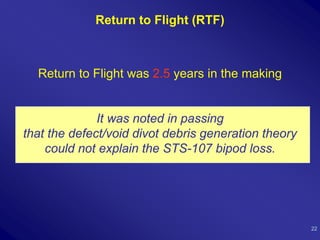 Return to Flight (RTF)



  Return to Flight was 2.5 years in the making


              It was noted in passing
that the defect/void divot debris generation theory
    could not explain the STS-107 bipod loss.




                                                      22
 