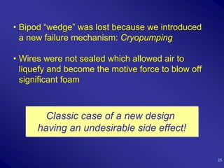 • Bipod “wedge” was lost because we introduced
  a new failure mechanism: Cryopumping

• Wires were not sealed which allowed air to
  liquefy and become the motive force to blow off
  significant foam



        Classic case of a new design
      having an undesirable side effect!


                                                    25
 