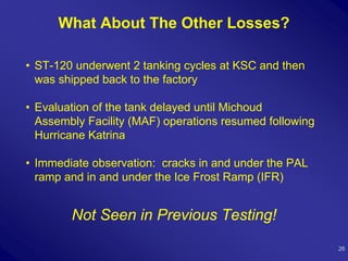 What About The Other Losses?

• ST-120 underwent 2 tanking cycles at KSC and then
  was shipped back to the factory

• Evaluation of the tank delayed until Michoud
  Assembly Facility (MAF) operations resumed following
  Hurricane Katrina

• Immediate observation: cracks in and under the PAL
  ramp and in and under the Ice Frost Ramp (IFR)


        Not Seen in Previous Testing!
                                                         26
 