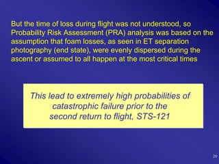 But the time of loss during flight was not understood, so
Probability Risk Assessment (PRA) analysis was based on the
assumption that foam losses, as seen in ET separation
photography (end state), were evenly dispersed during the
ascent or assumed to all happen at the most critical times




     This lead to extremely high probabilities of
            catastrophic failure prior to the
           second return to flight, STS-121



                                                          29
 