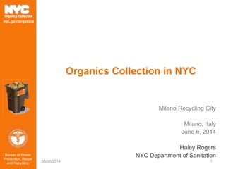 Bureau of Waste
Prevention, Reuse
and Recycling
nyc.gov/organics
Organics Collection in NYC
Milano Recycling City
Milano, Italy
June 6, 2014
Haley Rogers
NYC Department of Sanitation
06/06/2014 1
 