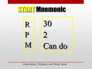 STARTSTART MnemonicMnemonic
RR
PP
MM
3030
22
Can doCan do
Respirations, Perfusion, and Mental Status
 