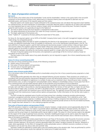Aviva plc
Half Year Report 2013
119
MCEV financial statements continued
F1 – Basis of preparation continued
Net worth
The net worth is the market value of the shareholders’ funds and the shareholders’ interest in the surplus held in the non-profit
component of the long-term business funds, determined on a statutory solvency basis and adjusted to add back any non-
admissible assets, and consists of the required capital and free surplus.
Required capital is the market value of assets attributed to the covered business over and above that required to back liabilities
for covered business, for which distribution to shareholders is restricted. Required capital is reported net of implicit items permitted
on a local regulatory basis to cover minimum solvency margins which are assessed at a local entity level. The level of required
capital for each business unit is generally set equal to the highest of:
The level of capital at which the local regulator is empowered to take action;
The capital requirement of the business unit under the Group’s economic capital requirements; and
The target capital level of the business unit;
where “highest of” is assessed as the basis yielding the lowest level of free assets.
For Aviva US, the required capital is set at 325% of the NAIC Company Action Level, in line with management targets and target
credit ratings, for comparative periods.
This methodology reflects the level of capital considered by the directors to be appropriate to manage the business, and
includes any additional shareholder funds not available for distribution, such as the reattributed inherited estate in the UK. The
same definition of required capital is used for both existing and new business except in certain entities in Italy and Spain where
new business reflects the targeted capital level which better reflects the capital requirements of the new business. The total
required capital for the entities in question is based on the overall biting constraint. There is a true-up within economic variances
for the difference between calculating the new business required capital on a target rather than economic capital basis.
The level of required capital across the business units expressed as a percentage of the EU minimum solvency margin (or
equivalent) can be found in F18.
The free surplus is the market value of any assets allocated to, but not required to support, the in-force covered business at the
valuation date.
Value of in-force covered business (VIF)
The value of in-force covered business consists of the following components:
present value of future profits;
time value of financial options and guarantees;
frictional costs of required capital; and
cost of residual non-hedgeable risks.
Present value of future profits (PVFP)
This is the present value of the distributable profits to shareholders arising from the in-force covered business projected on a best
estimate basis.
Distributable profits generally arise when they are released following actuarial valuations. These valuations are carried out in
accordance with any local statutory requirements designed to ensure and demonstrate solvency in long-term business funds. Future
distributable profits will depend on experience in a number of areas such as investment return, discontinuance rates, mortality,
administration costs, as well as management and policyholder actions. Releases to shareholders arising in future years from the in-
force covered business and associated required capital can be projected using assumptions of future experience.
Future profits are projected using best estimate non-economic assumptions and market consistent economic assumptions. In
principle, each cash flow is discounted at a rate that appropriately reflects the riskiness of that cash flow, so higher risk cash flows
are discounted at higher rates. In practice, the PVFP is calculated using the “certainty equivalent” approach, under which the
reference rate is used for both the investment return and the discount rate. This approach ensures that asset cash flows are valued
consistently with the market prices of assets without options and guarantees. Further information on the risk-free rates is given in
note F18.
The PVFP includes the capitalised value of profits and losses arising from subsidiary companies providing administration,
investment management and other services to the extent that they relate to covered business. This is referred to as the “look
through” into service company expenses. In addition, expenses arising in holding companies that relate directly to acquiring or
maintaining covered business have been allowed for. Where external companies provide services to the life and related businesses,
their charges have been allowed for in the underlying projected cost base.
Time value of financial options and guarantees (TVOG)
The PVFP calculation is based on a single (base) economic scenario; however, a single scenario cannot appropriately allow for the
effect of certain product features. If an option or guarantee affects shareholder cash flows in the base scenario, the impact is
included in the PVFP and is referred to as the intrinsic value of the option or guarantee; however, future investment returns are
uncertain and the actual impact on shareholder profits may be higher or lower. The value of in-force business needs to be adjusted
for the impact of the range of potential future outcomes. Stochastic modelling techniques can be used to assess the impact of
potential future outcomes, and the difference between the intrinsic value and the total stochastic value is referred to as the time
value of the option or guarantee.
Stochastic modelling typically involves projecting the future cash flows of the business under thousands of economic scenarios
that are representative of the possible future outcomes for market variables such as interest rates and equity returns. Under a
market consistent approach, the economic scenarios generated reflect the market’s tendency towards risk aversion. Allowance is
made, where appropriate, for the effect of management and/or policyholder actions in different economic conditions on future
assumptions such as asset mix, bonus rates and surrender rates.
Stochastic models are calibrated to market yield curves and volatility levels at the valuation date. Tests are performed to confirm
that the scenarios used produce results that replicate the market price of traded instruments.
 