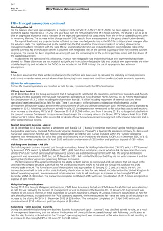 Aviva plc
Half Year Report 2013
142
MCEV financial statements continued
F18 – Principal assumptions continued
Non-hedgeable risk
For the balance sheet and operating profit, a charge of 3.6% (HY 2012: 3.3%; FY 2012: 3.6%) has been applied to the group-
diversified capital required on a 1-in-200 one-year basis over the remaining lifetime of in-force business. The charge is set so as to
give an aggregate allowance that is in excess of the expected operational risk costs arising from the in-force covered business over
its remaining lifetime. The increase in the charge since HY 2012 results from a reassessment of the group diversification benefit.
The capital levels used are projected to be sufficient to cover non-hedgeable risks at the 99.5% confidence level one-year after
the valuation date. The capital is equal to the capital from the ICA results for those risks considered including allowance for
management actions consistent with the base MCEV. Diversification benefits are included between non-hedgeable risks of the
covered business. No diversification benefit is assumed with hedgeable risks of the covered business or with non-covered business
in general. The capital has been projected as running off over the remaining life of the in-force portfolio in line with the drivers of
the capital requirement.
In addition to the operational risk allowance, financial non-hedgeable risks and other product level asymmetries have been
allowed for. These allowances are not material as significant financial non-hedgeable risks and product level asymmetries are either
modelled explicitly and included in the TVOG or are included in the PVFP through the use of appropriate best estimate
assumptions.
Other
It has been assumed that there will be no changes to the methods and bases used to calculate the statutory technical provisions
and current surrender values, except where driven by varying future investment conditions under stochastic economic scenarios.
(d) Held for sale operations
Certain life covered operations are classified as held for sale, consistent with the IFRS classification.
US long term business
On 21 December 2012 the Group announced that it had agreed to sell the US life operations, consisting of Aviva Life and Annuity
Company and the associated internal asset management operations of Aviva Investors North America, Inc, to Athene Holding Ltd
for consideration of £1.0 billion including the shareholder loan (£1.1 billion including repayment of external loan) and these
operations have been classified as held for sale. There is uncertainty in the ultimate consideration which depends on the
development of statutory surplus between the announcement of sale and ultimate completion date. The transaction is expected to
complete in 2013. Following classification as held for sale, US Life segment was remeasured to fair value less costs to sell resulting
in an increase to the closing MCEV at 31 December 2012 of £1,095 million, and from 1 January 2013 is no longer included within
the covered business. Subsequent remeasurement has changed the company value on the Group MCEV balance sheet from £367
million to £523 million. Please refer to note B4 for details of how this remeasurement is recognised in the income statement and in
other comprehensive income.
Spanish long-term business – Aseval
On 18 December 2012 Aviva reached a settlement with Bankia S.A. (“Bankia”) to transfer the Group’s entire holding in Aseval
Aseguradora Valenciana, Sociedad Anónima de Seguros y Reaseguros (“Aseval”), a Spanish life assurance company, to Bankia and
Aseval was classified as held for sale. Following classification as held for sale, Aseval, included within the ‘Europe’ operating
segment, was remeasured to fair value less costs to sell resulting in an increase to the closing MCEV at 31 December 2012 of £127
million. The transfer completed on 24 April 2013 with cash consideration of £502 million and profit on disposal of £39 million.
Irish long-term business – Ark Life
Our Irish long-term business is carried out through a subsidiary, Aviva Life Holdings Ireland Limited (“ALHI”), which is 75% owned
by Aviva and 25% owned by Allied Irish Bank (“AIB”). ALHI holds four subsidiaries, one of which is Ark Life Assurance Company
Limited (“Ark Life”) which carries out bancassurance business via a distribution agreement with AIB. The original distribution
agreement was renewable in 2011 but, on 15 December 2011, AIB notified the Group that they did not wish to renew it and the
existing shareholders’ agreement governing ALHI was terminated.
The termination of this agreement triggered the ability for both parties to exercise put and call options that will result in the
unwind of the original structure such that the Ark Life business returns 100% to AIB and the Group will purchase the 25%
minority stake in ALHI. The formal exercise of these options was approved on 17 January 2012 and, as a result, the Ark Life
business became held for sale on that date. Following classification as held for sale, Ireland, included within the ‘United Kingdom &
Ireland’ operating segment, was remeasured to fair value less costs to sell resulting in an increase to the closing MCEV at 31
December 2012 of £20 million. The transaction completed on 8 March 2013 with cash consideration of £117 million and profit on
disposal of £90 million.
Malaysian long-term business
During 2012, the Group’s Malaysian joint ventures, CIMB Aviva Assurance Berhad and CIMB Aviva Takaful Berhad, were classified
as held for sale following the decision of management to seek to dispose of the business. On 17 January 2013 agreement was
reached to sell Aviva’s interests in these businesses to Sun Life Assurance Company of Canada. Following classification as held for
sale, these businesses, included within the ‘Asia’ operating segment, were remeasured to fair value less costs to sell resulting in an
increase to the closing MCEV at 31 December 2012 of £28 million. The transaction completed on 12 April 2013 with cash
consideration of £153 million and profit on disposal of £6 million.
Italian long – term business – Eurovita
During the period the Italian long-term business Eurovita Assicurazioni S.p.A (“Eurovita”) was classified as held for sale, as a result
of management determining that the value of this business will principally be recovered through sale. Following classification as
held for sale, Eurovita, included within the “Europe” operating segment, was remeasured to fair value less cost to sell resulting in
an increase to the closing MCEV at 30 June 2013 of £48 million.
 