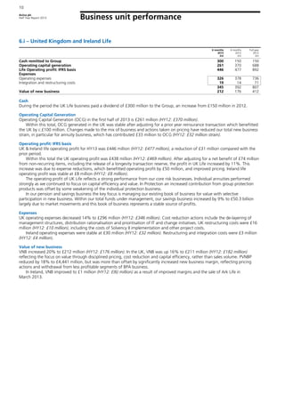 Aviva plc
Half Year Report 2013
10
Business unit performance
6.i – United Kingdom and Ireland Life
6 months
2013
£m
6 months
2012
£m
Full year
2012
£m
Cash remitted to Group 300 150 150
Operating capital generation 261 370 688
Life Operating profit: IFRS basis 446 477 892
Expenses
Operating expenses 326 378 736
Integration and restructuring costs 19 14 71
345 392 807
Value of new business 212 176 412
Cash
During the period the UK Life business paid a dividend of £300 million to the Group, an increase from £150 million in 2012.
Operating Capital Generation
Operating Capital Generation (OCG) in the first half of 2013 is £261 million (HY12: £370 million).
Within this total, OCG generated in the UK was stable after adjusting for a prior year reinsurance transaction which benefitted
the UK by c.£100 million. Changes made to the mix of business and actions taken on pricing have reduced our total new business
strain, in particular for annuity business, which has contributed £33 million to OCG (HY12: £32 million strain).
Operating profit: IFRS basis
UK & Ireland life operating profit for HY13 was £446 million (HY12: £477 million), a reduction of £31 million compared with the
prior period.
Within this total the UK operating profit was £438 million (HY12: £469 million). After adjusting for a net benefit of £74 million
from non-recurring items, including the release of a longevity transaction reserve, the profit in UK Life increased by 11%. This
increase was due to expense reductions, which benefitted operating profit by £50 million, and improved pricing. Ireland life
operating profit was stable at £8 million (HY12: £8 million).
The operating profit of UK Life reflects a strong performance from our core risk businesses. Individual annuities performed
strongly as we continued to focus on capital efficiency and value. In Protection an increased contribution from group protection
products was offset by some weakening of the individual protection business.
In our pension and savings business the key focus is managing our existing book of business for value with selective
participation in new business. Within our total funds under management, our savings business increased by 9% to £50.3 billion
largely due to market movements and this book of business represents a stable source of profits.
Expenses
UK operating expenses decreased 14% to £296 million (HY12: £346 million). Cost reduction actions include the de-layering of
management structures, distribution rationalisation and prioritisation of IT and change initiatives. UK restructuring costs were £16
million (HY12: £10 million), including the costs of Solvency II implementation and other project costs.
Ireland operating expenses were stable at £30 million (HY12: £32 million). Restructuring and integration costs were £3 million
(HY12: £4 million).
Value of new business
VNB increased 20% to £212 million (HY12: £176 million). In the UK, VNB was up 16% to £211 million (HY12: £182 million)
reflecting the focus on value through disciplined pricing, cost reduction and capital efficiency, rather than sales volume. PVNBP
reduced by 18% to £4,441 million, but was more than offset by significantly increased new business margin, reflecting pricing
actions and withdrawal from less profitable segments of BPA business.
In Ireland, VNB improved to £1 million (HY12: £(6) million) as a result of improved margins and the sale of Ark Life in
March 2013.
 