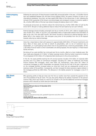 Aviva plc
Half Year Report 2013
6
Group Chief Financial Officer’s Report continued
Intercompany
loan
Following the restructure of Aviva Insurance Limited (AIL) announced earlier in the year, a £5.8 billion formal
loan was established between AIL and Aviva Group Holdings (AGH), the parent company of many of our
international subsidiaries. Since then, we have repaid £300 million of the internal loan in cash. Following the
removal of AIL’s guarantee of the Group’s commercial paper and consequent increase in economic capital in
AIL, a further £400 million of the loan was retired, bringing the balance down to £5.1 billion.
As previously announced, we intend to reduce the internal loan by a further £300 million of cash by the
end of 2015. We plan on taking additional steps to reduce the loan balance by non-cash methods.
External
leverage
External leverage remains broadly unchanged over the six months of 2013, with a debt to tangible equity
ratio of 50% (FY12: 50%). In July 2013, we raised €650 million of hybrid debt ahead of the £0.8 billion of
debt up for call in the next eight months. We remain focused on reducing our external leverage ratio to
below 40% in the medium term. We anticipate using some of the proceeds from the US life disposal
towards reducing our external leverage.
Asset
portfolio
Aviva has a large balance sheet with exposure to approximately £265 billion of financial investments and
loans. Most of these assets are held on behalf of policyholders, with no risk of investment loss to
shareholders, or in participating funds where most of any potential loss is borne by policyholders. Of the
c.£87 billion financial assets to which shareholders are directly exposed, the vast majority is in fixed interest
bonds and loans.
De-risking of our asset portfolio has continued over the six months, albeit at a more moderate pace. We
have made gross disposals of £1 billion1
of Italian sovereign bonds, offset by market movements including
FX and disposed of £35 million of Co-Operative Bank bonds prior to the announced bail-in.
In the UK, the asset portfolio backing the UK annuity business includes £14.4 billion of corporate debt
securities and £12.2 billion of commercial mortgages. Excluding £4.1 billion of healthcare and Private
Finance Initiative (PFI) mortgages, which have lower risk characteristics, there exists £8.1 billion of
commercial mortgages to which shareholders are exposed. During the first half of the year, impairments
on the mortgage portfolio increased above our long term trend and we subsequently carried out an
extensive review of the portfolio. Consequently, we have increased the direct provisions against default in
the mortgage portfolio by £300 million. The allowance in the liability valuation for mortgages is now £1.5
billion.
Net Asset
Value
IFRS operating profits of 26p per share over the first six months more than covered the payment of the
2012 final dividend of 9p per share. This was also partly offset by the adverse movement of the pension
scheme of 8p, which was mainly as a result of an increase in CPI, and the additional commercial mortgage
provision which reduced our book value per share by 8p.
Net asset value2
IFRS MCEV
Opening NAV per share at 31 December 2012 278p 422p
Operating profit 26p 27p
Dividends (9)p (9)p
Investment variances 3p 9p
Commercial mortgages (8)p (2)p
Pension fund (8)p (8)p
Integration and restructuring costs, goodwill impairment and other items (6)p (5)p
Foreign exchange 5p 7p
Closing NAV per share at 30 June 2013 281p 441p
Pat Regan
Group Chief Financial Officer
1 Gross of non-controlling interests, purchases and redemptions.
2 Net of tax and non-controlling interests.
 