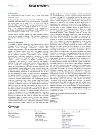 7
Aviva plc
Half Year Report 2013 Notes to editors
Notes to editors
All comparators are for 6 months to 30 June 2013 unless
otherwise stated.
Income and expenses of foreign entities are translated at average
exchange rates while their assets and liabilities are translated at
the closing rates on 30 June 2013, 30 June 2012 and 31
December 2012 respectively. The average rates employed in this
announcement are 1 euro = £0.85 (6 months to 30 June 2012: 1
euro = £0.82, 12 months to 31 December 2012: 1 euro = £0.81)
and US$1 = £0.65 (6 months to 30 June 2012: 1 US$ = £0.63,
12 months to 31 December 2012: 1 US$ = £0.63).
Growth rates in the press release have been provided in sterling
terms unless stated otherwise. The following supplement
presents this information on both a sterling and local currency
basis.
Cautionary statements:
This should be read in conjunction with the documents filed by
Aviva plc (the “Company” or “Aviva”) with the United States
Securities and Exchange Commission (“SEC”). This
announcement contains, and we may make verbal statements
containing, “forward-looking statements” with respect to certain
of Aviva’s plans and current goals and expectations relating to
future financial condition, performance, results, strategic
initiatives and objectives. Statements containing the words
“believes”, “intends”, “expects”, “plans”, “will,” “seeks”,
“aims”, “may”, “could”, “outlook”, “estimates” and
“anticipates”, and words of similar meaning, are forward-
looking. By their nature, all forward-looking statements involve
risk and uncertainty. Accordingly, there are or will be important
factors that could cause actual results to differ materially from
those indicated in these statements. Aviva believes factors that
could cause actual results to differ materially from those indicated
in forward-looking statements in the presentation include, but
are not limited to: the impact of ongoing difficult conditions in
the global financial markets and the economy generally; the
impact of various local political, regulatory and economic
conditions; market developments and government actions
regarding the sovereign debt crisis in Europe; the effect of credit
spread volatility on the net unrealised value of the investment
portfolio; the effect of losses due to defaults by counterparties,
including potential sovereign debt defaults or restructurings, on
the value of our investments; changes in interest rates that may
cause policyholders to surrender their contracts, reduce the value
of our portfolio and impact our asset and liability matching; the
impact of changes in equity or property prices on our investment
portfolio; fluctuations in currency exchange rates; the effect of
market fluctuations on the value of options and guarantees
embedded in some of our life insurance products and the value
of the assets backing their reserves; the amount of allowances
and impairments taken on our investments; the effect of adverse
capital and credit market conditions on our ability to meet
liquidity needs and our access to capital; a cyclical downturn of
the insurance industry; changes in or inaccuracy of assumptions
in pricing and reserving for insurance business (particularly with
regard to mortality and morbidity trends, lapse rates and policy
renewal rates), longevity and endowments; the impact of
catastrophic events on our business activities and results of
operations; the inability of reinsurers to meet obligations or
unavailability of reinsurance coverage; increased competition in
the UK and in other countries where we have significant
operations; the effect of the European Union’s “Solvency II” rules
on our regulatory capital requirements; the impact of actual
experience differing from estimates used in valuing and
amortising deferred acquisition costs (“DAC”) and acquired value
of in-force business (“AVIF”); the impact of recognising an
impairment of our goodwill or intangibles with indefinite lives;
changes in valuation methodologies, estimates and assumptions
used in the valuation of investment securities; the effect of legal
proceedings and regulatory investigations; the impact of
operational risks, including inadequate or failed internal and
external processes, systems and human error or from external
events; risks associated with arrangements with third parties,
including joint ventures; funding risks associated with our
participation in defined benefit staff pension schemes; the failure
to attract or retain the necessary key personnel; the effect of
systems errors or regulatory changes on the calculation of unit
prices or deduction of charges for our unit-linked products that
may require retrospective compensation to our customers; the
effect of a decline in any of our ratings by rating agencies on our
standing among customers, broker-dealers, agents, wholesalers
and other distributors of our products and services; changes to
our brand and reputation; changes in government regulations or
tax laws in jurisdictions where we conduct business; the inability
to protect our intellectual property; the effect of undisclosed
liabilities, integration issues and other risks associated with our
acquisitions; and the timing impact and other uncertainties
relating to acquisitions and disposals and relating to other future
acquisitions, combinations or disposals within relevant industries.
For a more detailed description of these risks, uncertainties and
other factors, please see Item 3d, “Risk Factors”, and Item 5,
“Operating and Financial Review and Prospects” in Aviva’s
Annual Report Form 20-F as filed with the SEC on 25 March
2013. Aviva undertakes no obligation to update the forward
looking statements in this announcement or any other forward-
looking statements we may make. Forward-looking statements in
this presentation are current only as of the date on which such
statements are made.
Aviva plc is a company registered in England No. 2468686.
Registered office
St Helen's
1 Undershaft
London
EC3P 3DQ
Contacts
Investor contacts Media contacts Timings
Colin Simpson
+44 (0)20 7662 8115
David Elliot
+44 (0)20 7662 8048
Nigel Prideaux
+44 (0)20 7662 0215
Andrew Reid
+44 (0)20 7662 3131
Sarah Swailes
+44 (0)20 7662 6700
Real time media conference call
07:15 hrs BST
Analyst presentation
08:15 hrs BST
Presentation slides
www.aviva.com
06.30hrs BST
Live webcast
www.avivawebcast.com/interims2013/
08:15 hrs BST
 