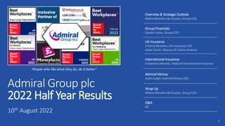 1
1
Admiral Group plc
2022 Half Year Results
10th August 2022
Overview & Strategic Outlook
Milena Mondini de Focatiis, Group CEO
Group Financials
Geraint Jones, Group CFO
UK Insurance
Cristina Nestares, UK Insurance CEO
Adam Gavin, Deputy UK Claims Director
International Insurance
Costantino Moretti, Head of International Insurance
Admiral Money
Scott Cargill, Admiral Money CEO
Wrap Up
Milena Mondini de Focatiis, Group CEO
Q&A
All
‘People who like what they do, do it better’
 