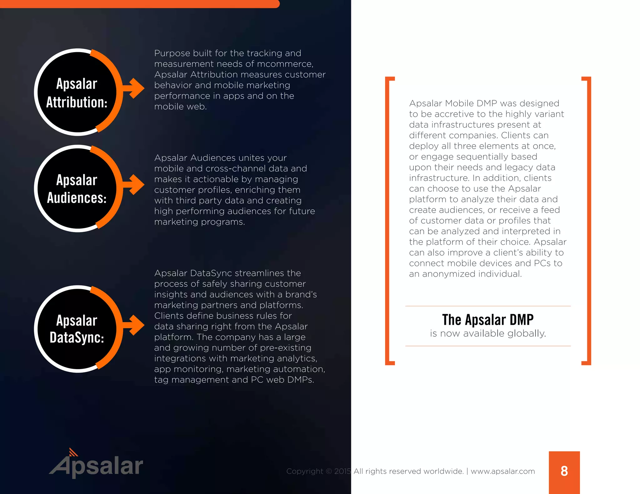 8Copyright © 2015 All rights reserved worldwide. | www.apsalar.com
Purpose built for the tracking and
measurement needs of mcommerce,
Apsalar Attribution measures customer
behavior and mobile marketing
performance in apps and on the
mobile web.
Apsalar Audiences unites your
mobile and cross-channel data and
makes it actionable by managing
customer profiles, enriching them
with third party data and creating
high performing audiences for future
marketing programs.
Apsalar DataSync streamlines the
process of safely sharing customer
insights and audiences with a brand’s
marketing partners and platforms.
Clients define business rules for
data sharing right from the Apsalar
platform. The company has a large
and growing number of pre-existing
integrations with marketing analytics,
app monitoring, marketing automation,
tag management and PC web DMPs.
Apsalar
Attribution:
Apsalar
Audiences:
Apsalar
DataSync:
Apsalar Mobile DMP was designed
to be accretive to the highly variant
data infrastructures present at
different companies. Clients can
deploy all three elements at once,
or engage sequentially based
upon their needs and legacy data
infrastructure. In addition, clients
can choose to use the Apsalar
platform to analyze their data and
create audiences, or receive a feed
of customer data or profiles that
can be analyzed and interpreted in
the platform of their choice. Apsalar
can also improve a client’s ability to
connect mobile devices and PCs to
an anonymized individual.
The Apsalar DMP
is now available globally.
 