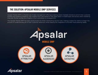 7Copyright © 2015 All rights reserved worldwide. | www.apsalar.com
THE SOLUTION: APSALAR MOBILE DMP SERVICES
Apsalar Mobile DMP is a flexible set of data management offerings enabling direct marketer brands to enrich their customer
profiles and audience targeting with insights from user behavior that takes place in mobile apps and across other marketing
channels. Richer profiles and insights in turn contribute to increased ROI.
The Apsalar Mobile DMP has been productized into three interlocking solution sets, making it easier for clients to begin the
process of understanding all of their customer behaviors while shaping the integration to fill their most pressing needs.
APSALAR
ATTRIBUTION
APSALAR
AUDIENCES
APSALAR
DATASYNC
MOBILE DMP
 